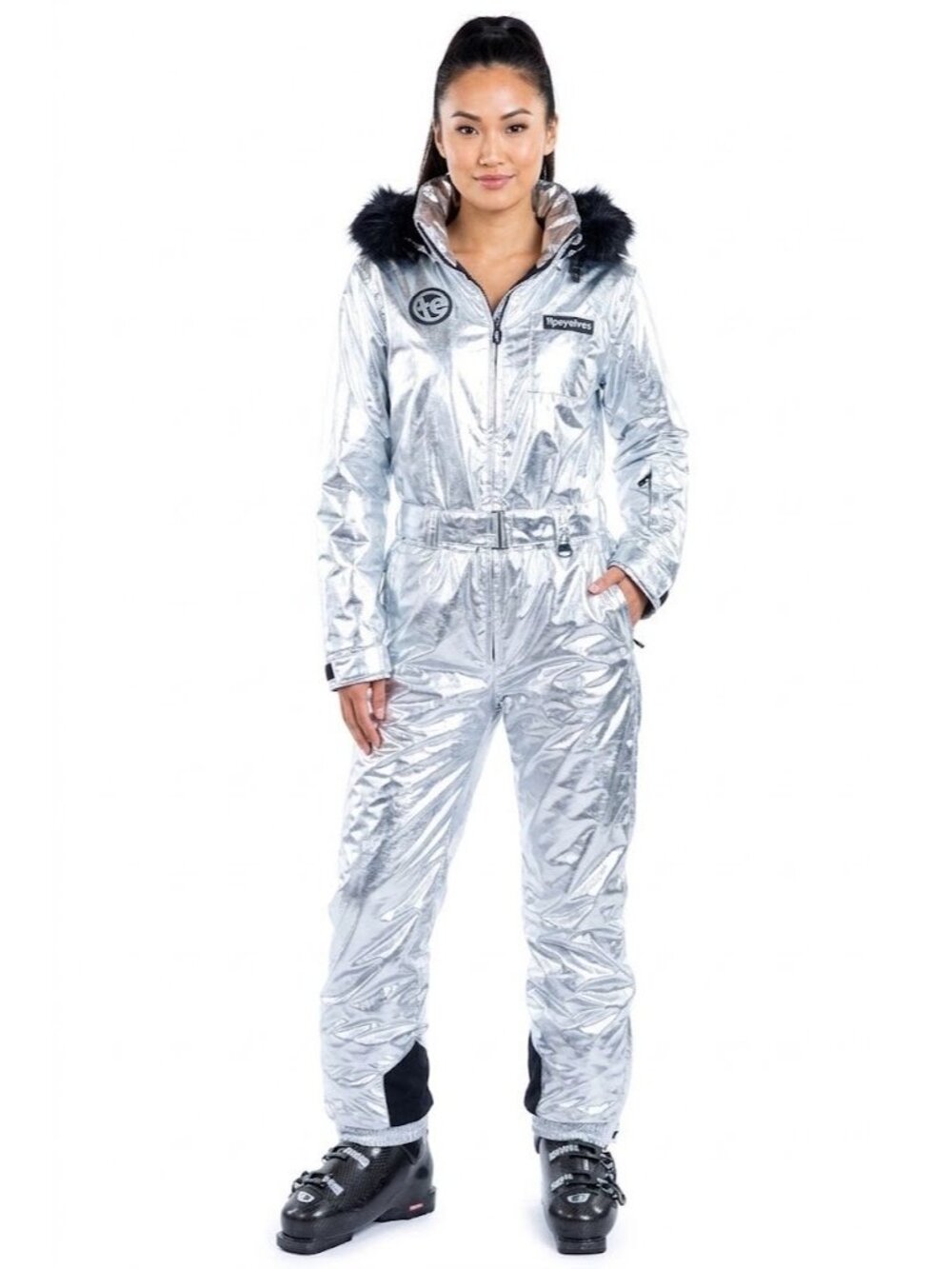 NWT Tipsy Elves Women's Silver Bullet Ski Suit Metallic Hooded 1-Piece M